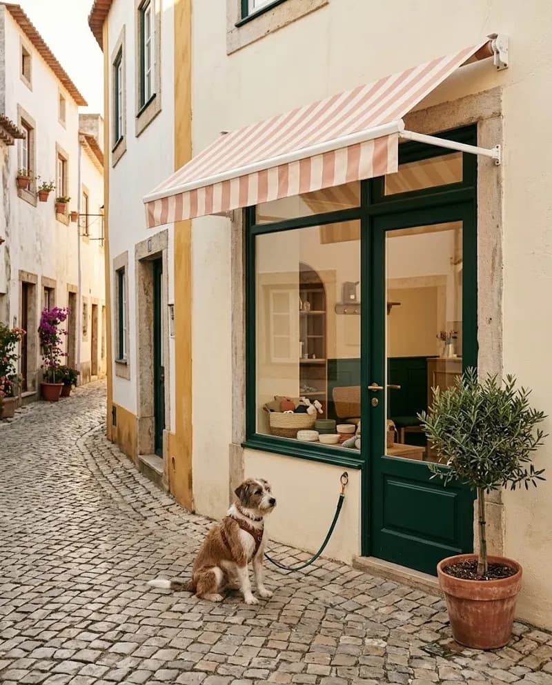 Uma rua empedrada no centro histórico de Oeiras com uma pequena loja de montras grandes
