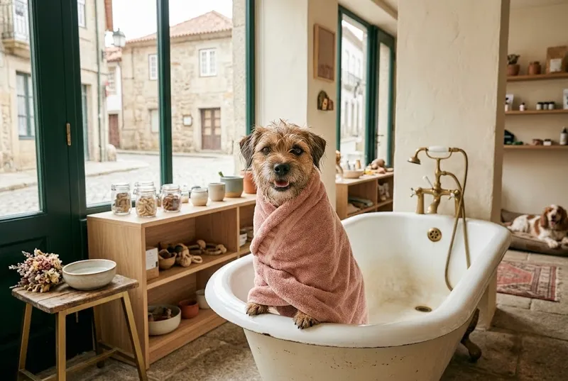 Um cão enrolado numa toalha depois do banho
