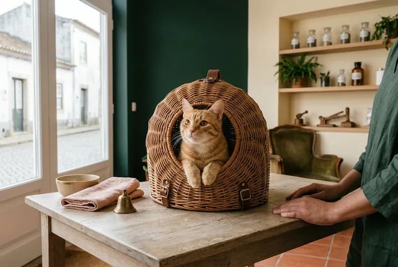 Um gato a espreitar da transportadora no consultório