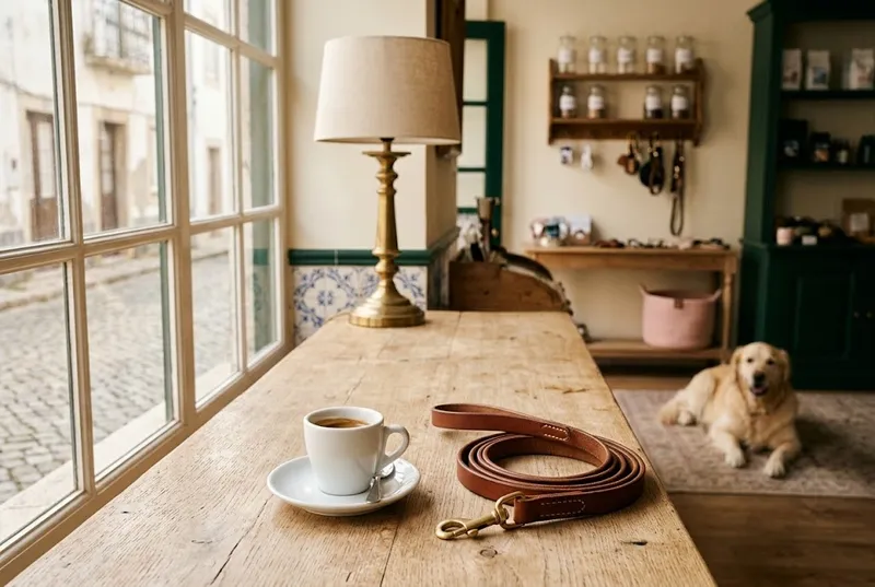 Uma chávena de café no balcão ao lado de uma trela