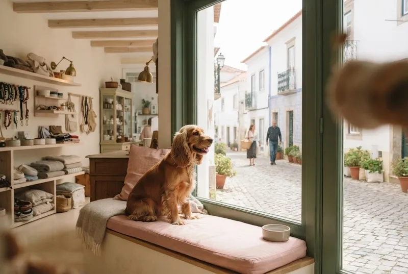 Um cão a olhar pela montra para a rua