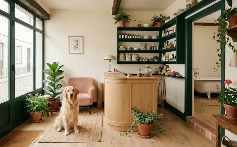 O interior da Prime Tails visto pela montra: decoração retro, um balcão de madeira clara e um cão à espera, tranquilo